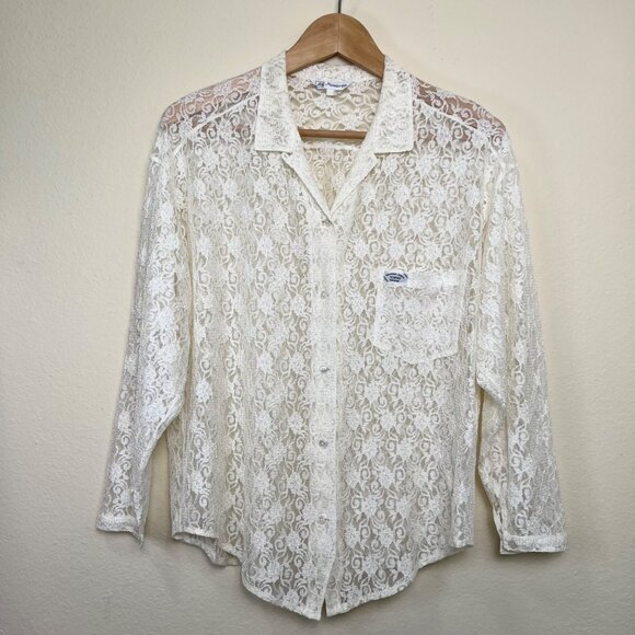 Vintage MONTRER Off-White Lace Button-Up 3/4 Sleeve Shirt Made in Korea Size L - Picture 1 of 9